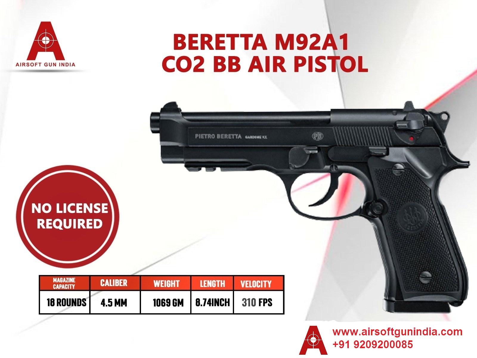 Pack pistolet GBB à gaz M92A1 0,8J + mallette + 2 chargeurs + gaz +